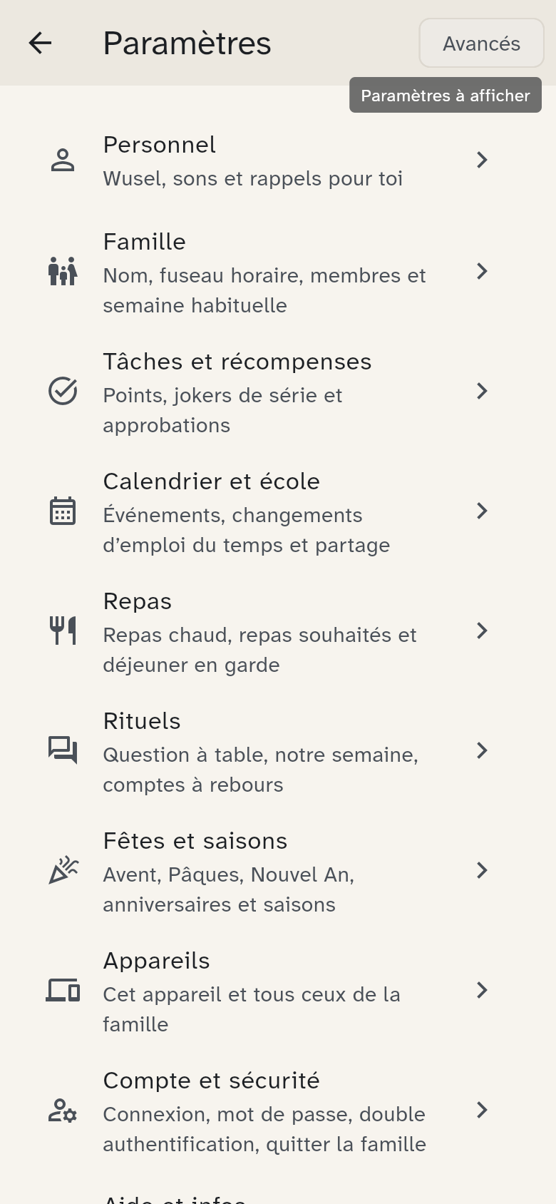 Paramètres : la liste des groupes, de Personnel à Aide et infos
