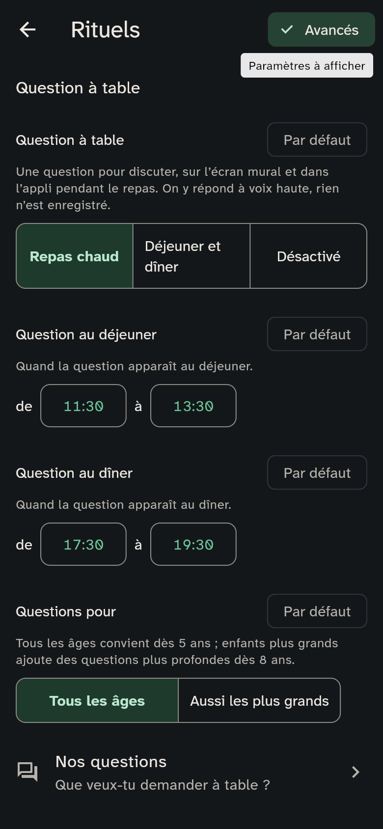 Le groupe Rituels en vue Avancés : la question à table avec ses horaires