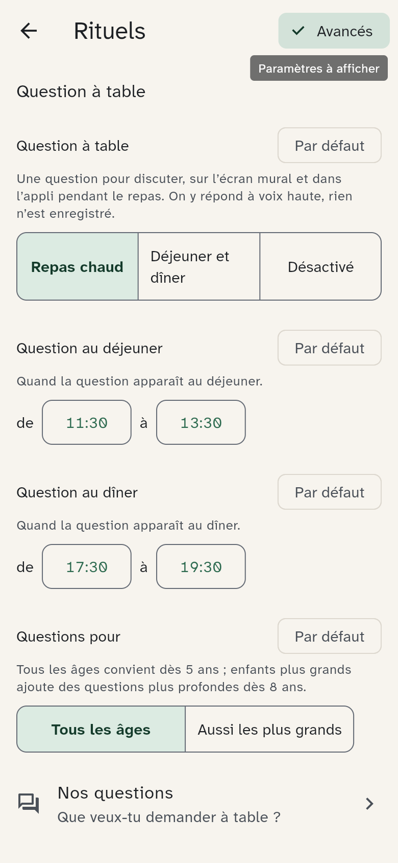 Le groupe Rituels en vue Avancés : la question à table avec ses horaires