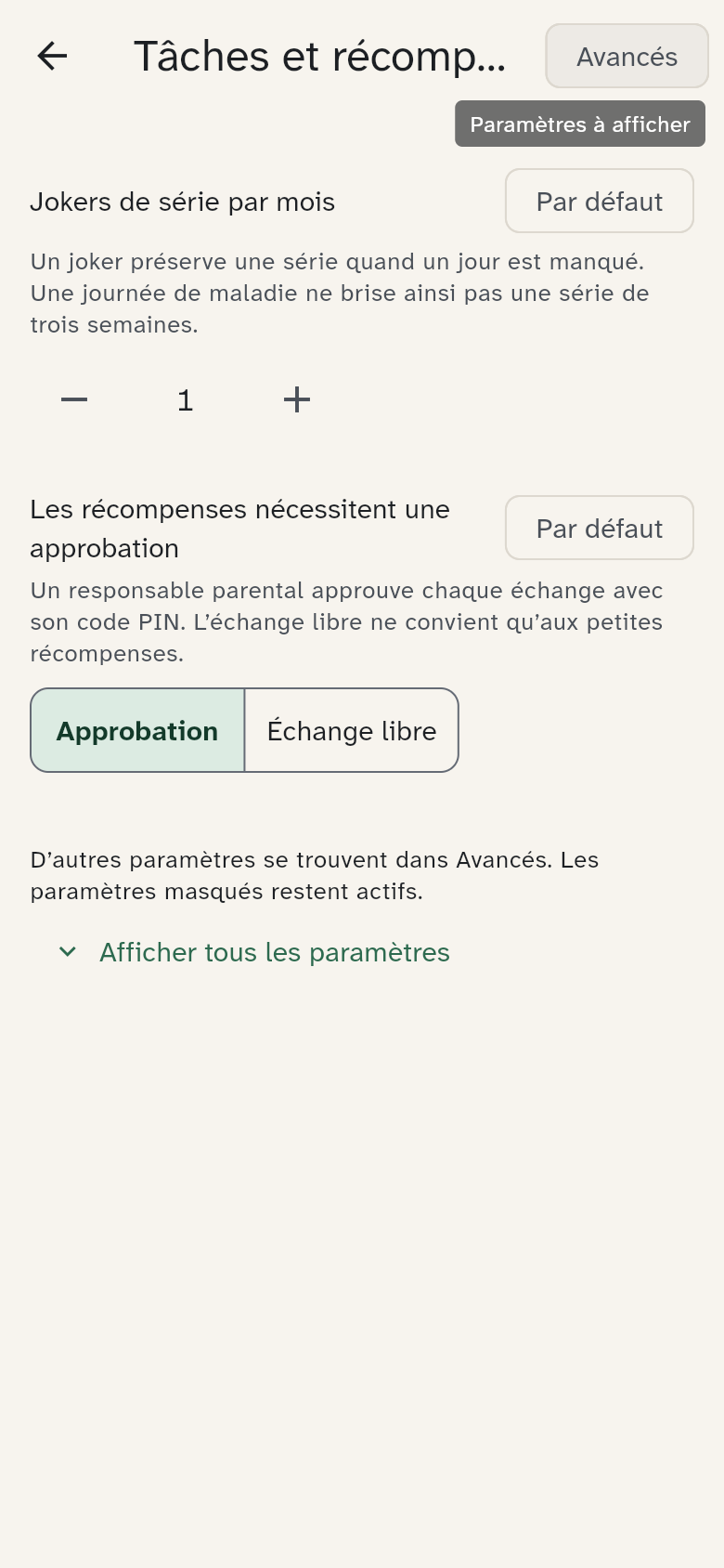 Le groupe Tâches et récompenses avec ses réglages