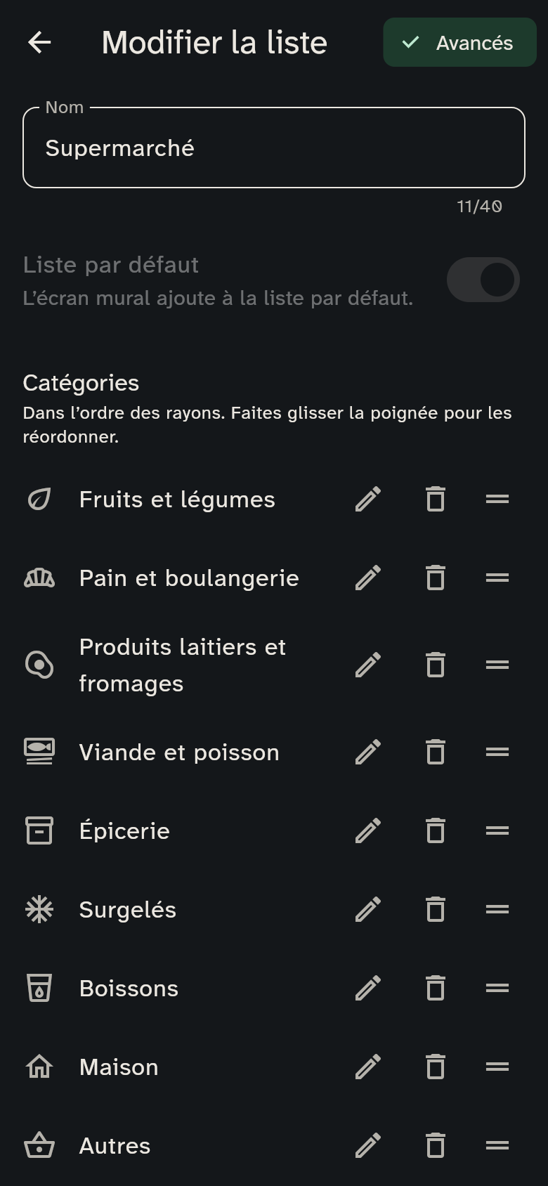 Modifier la liste : nom, liste par défaut et catégories