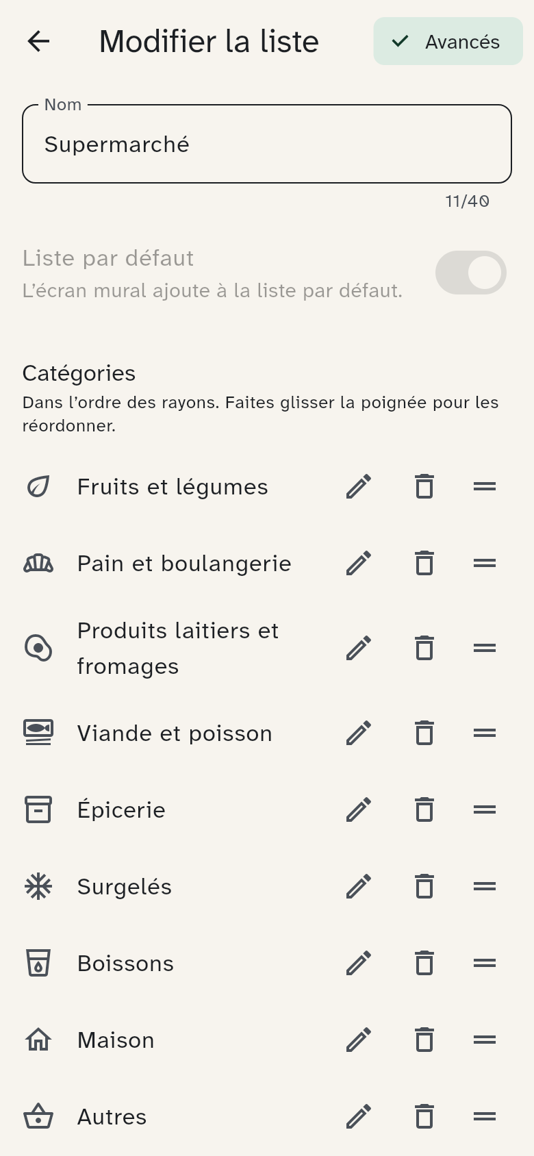 Modifier la liste : nom, liste par défaut et catégories