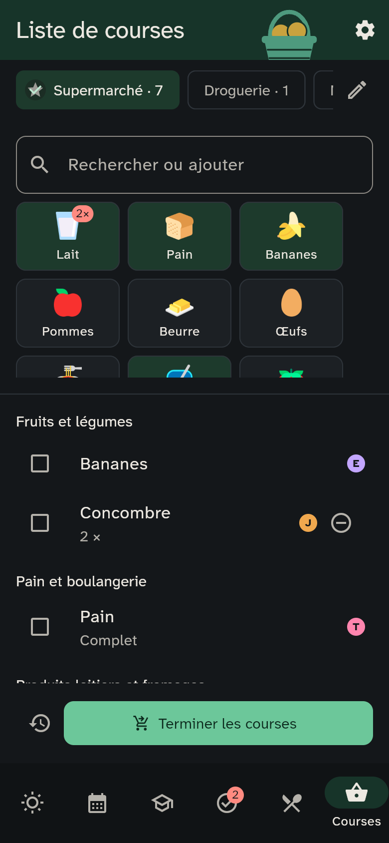 Les tuiles de produits et les courses classées par rayon
