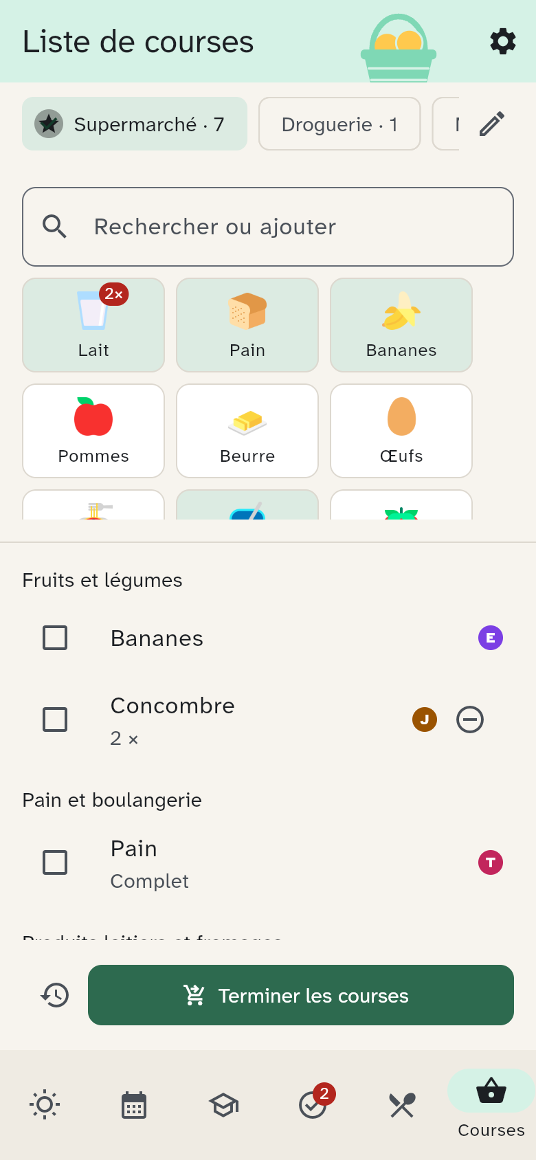Les tuiles de produits et les courses classées par rayon