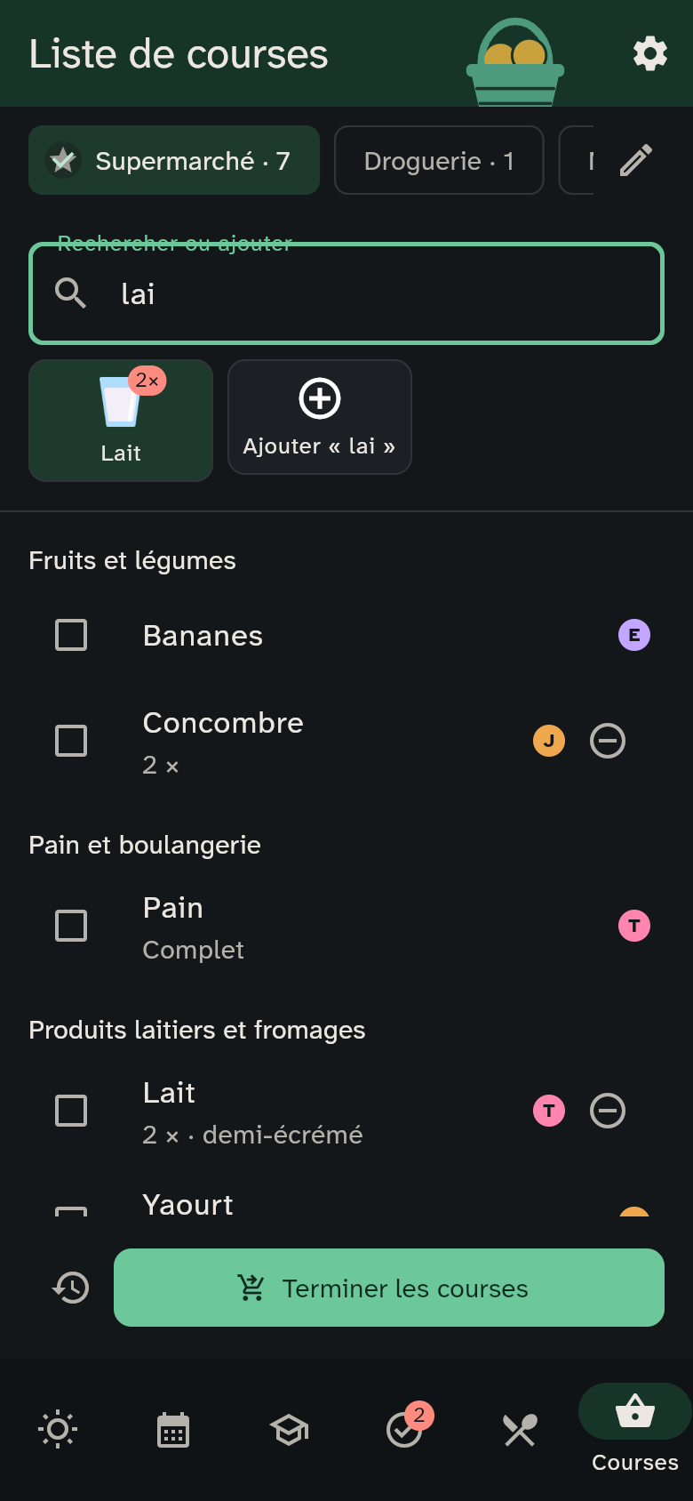 La recherche de lait et les produits correspondants