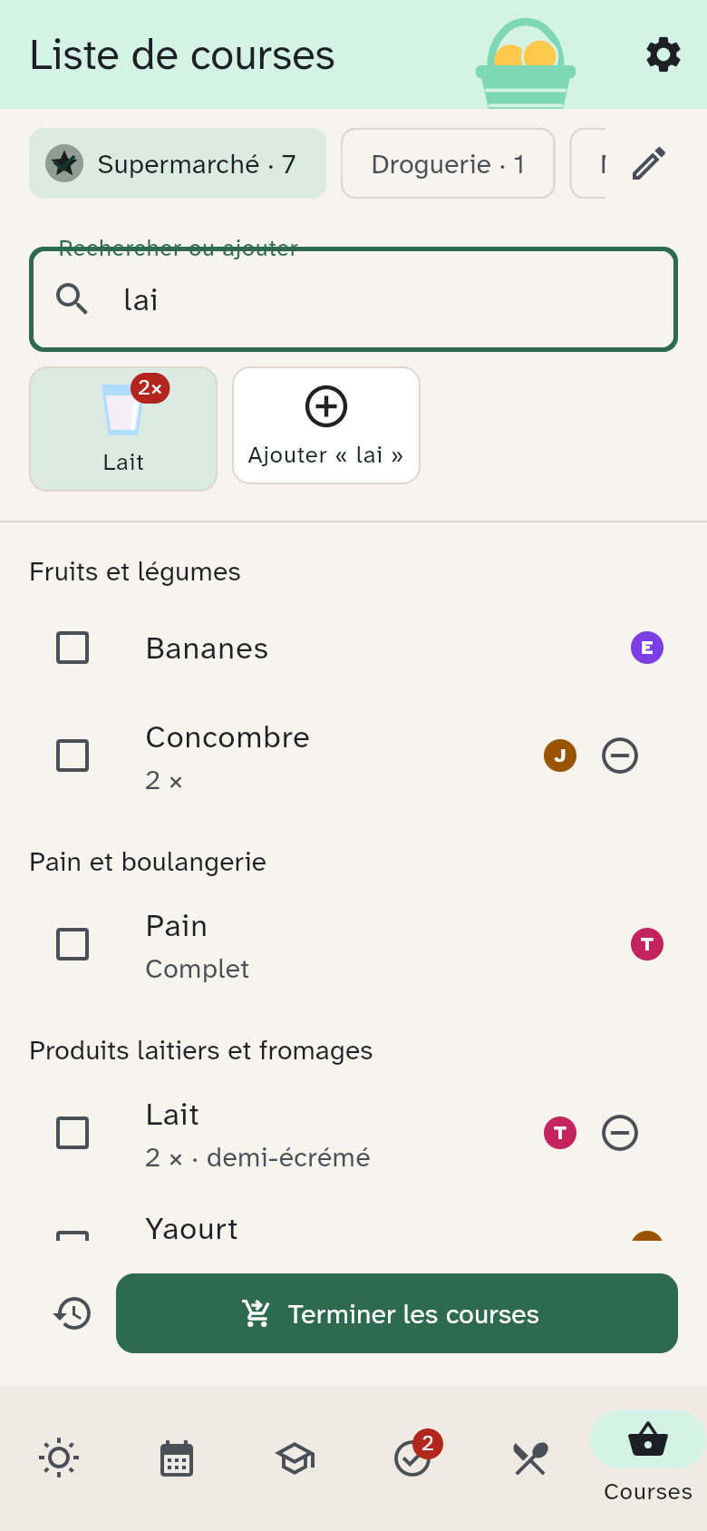 La recherche de lait et les produits correspondants
