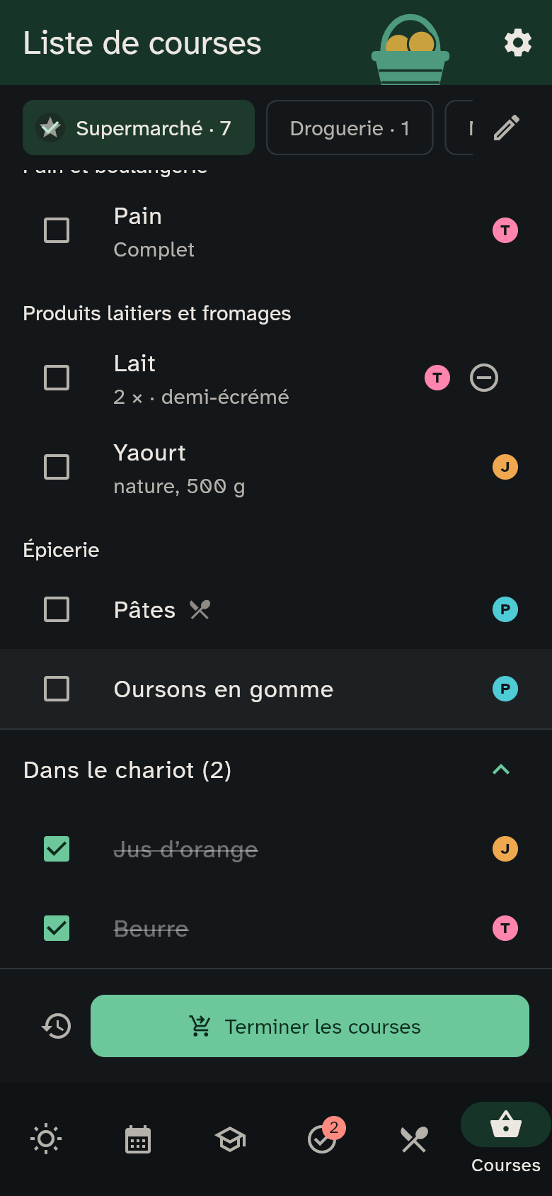 La section Dans le chariot dépliée