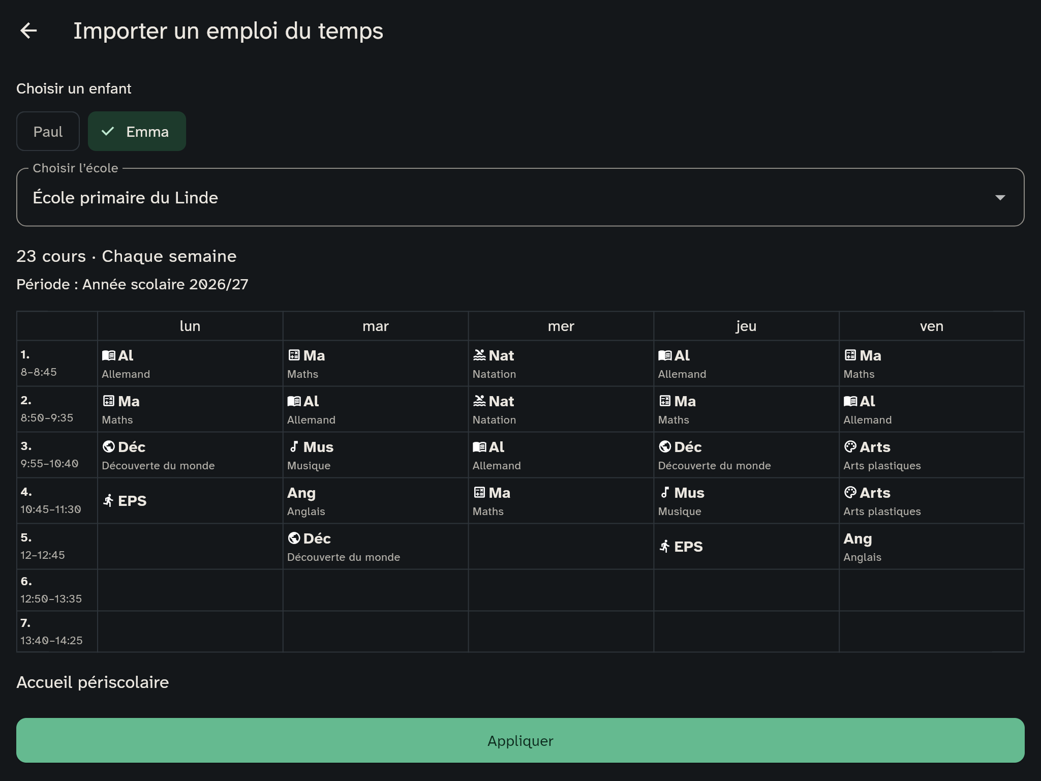 L’aperçu : l’enfant, l’école, la période et la grille avec le nom de chaque matière sous son abréviation