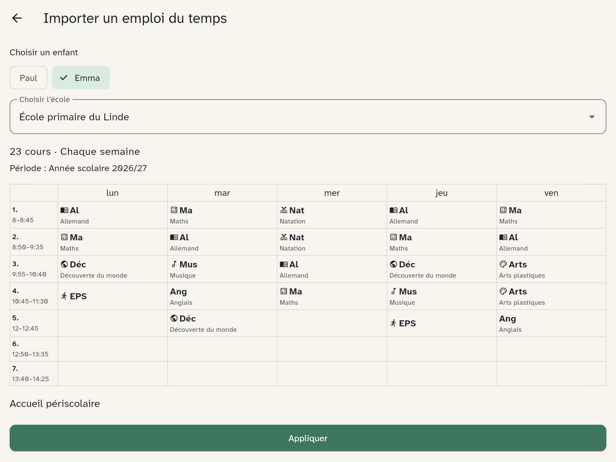 L’aperçu : l’enfant, l’école, la période et la grille avec le nom de chaque matière sous son abréviation