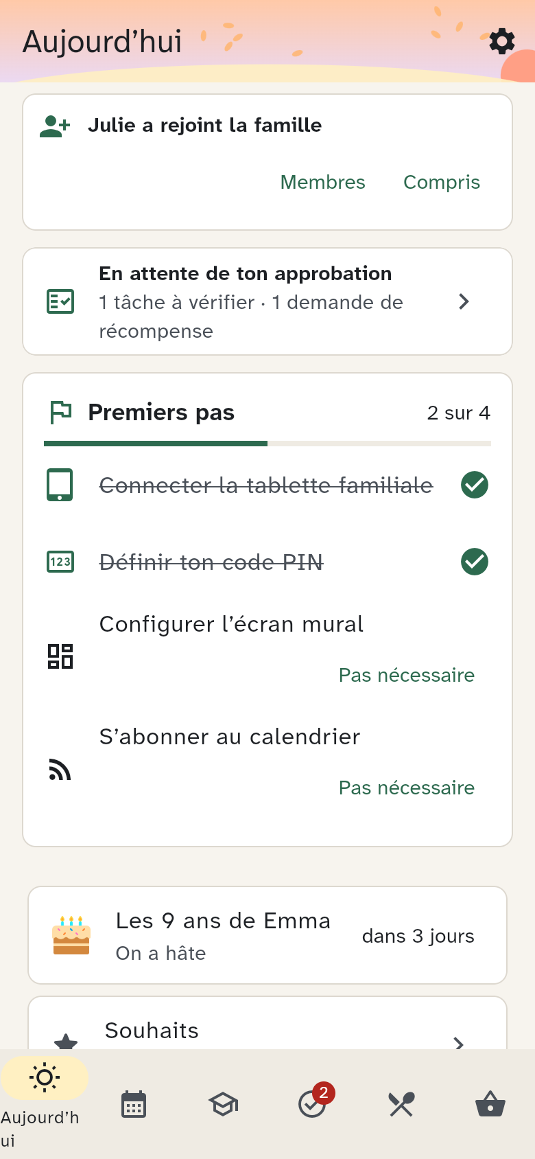 L’onglet Aujourd’hui, les premiers pas, les rendez-vous et le repas chaud