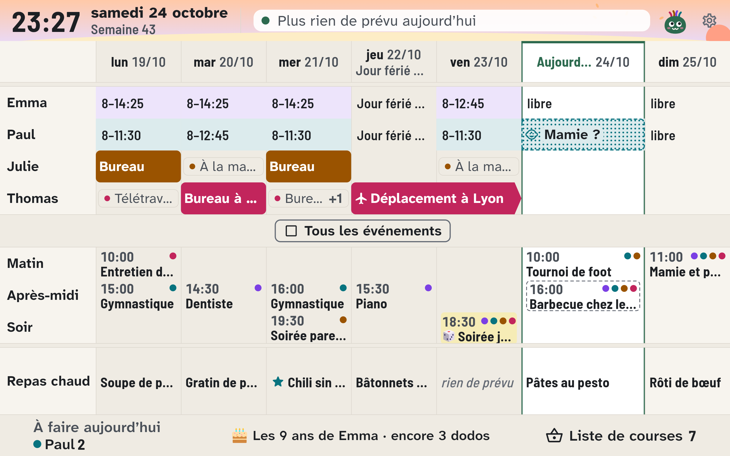 Les sept jours du tableau hebdomadaire